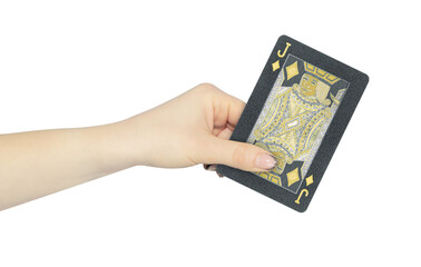 playing card diamonds jack in hand, outstretched hand with black playing card isolated from background