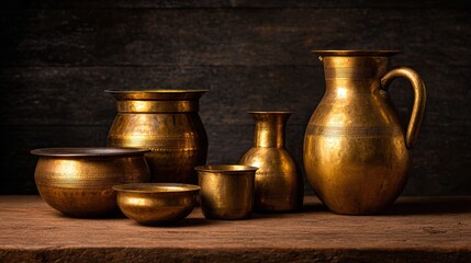 A collection of intricately designed brass vessels arranged artistically on a wooden surface.