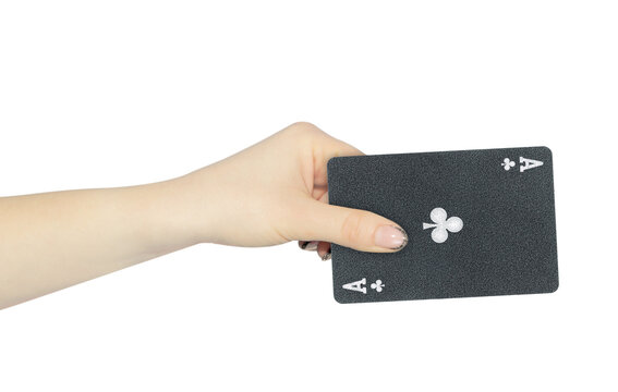 playing card clubs ace in hand, outstretched hand with black playing card isolated from background