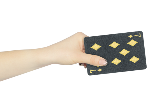 playing card diamonds 7 in hand, outstretched hand with black playing card isolated from background