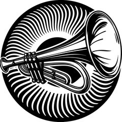Stylized trumpet with radial sunburst design