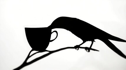A bird sits beside a cup on a branch