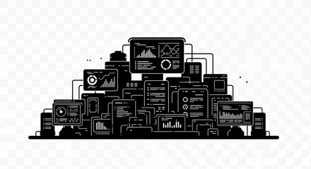 Modern data management visualization with connected digital devices, charts, and graphs for business analytics and innovative technology solutions