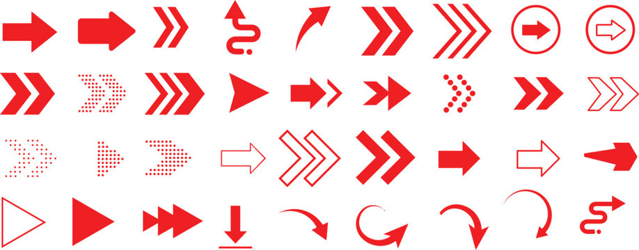 A versatile collection of red arrow symbols and icons. Vector graphic set of various directional pointers for design