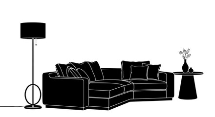 Modern living room arrangement with stylish sofa, floor lamp, and side table, perfect for interior design projects or home decor visualizations; vector origin