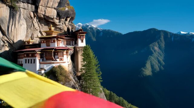 Ancient monastery built into a rocky cliffside surrounded by lush green trees and mountain peaks under a bright blue sky