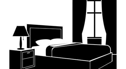 Modern bedroom interior featuring a comfortable bed, nightstand, and window with curtains, perfect for showcasing home decor or relaxation concepts