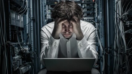 Stressed IT professional surrounded by technology, struggling with computer issues in a server room