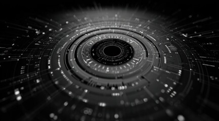 Abstract digital tunnel with glowing white circular interface elements