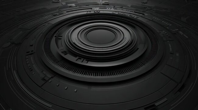 Abstract dark circular mechanical structure with concentric layers and fine details.