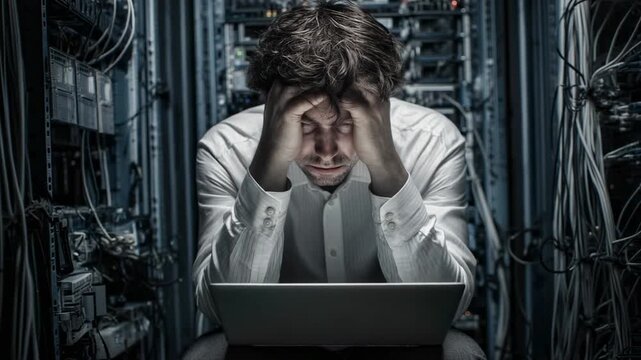 Stressed IT professional surrounded by technology, struggling with computer issues in a server room - Powered by Adobe
