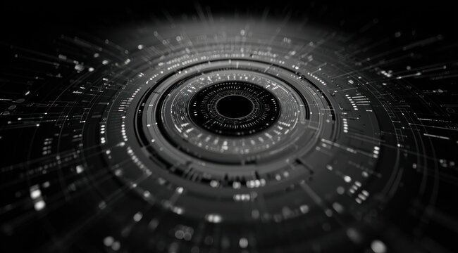 Abstract digital tunnel with glowing white circular interface elements - Powered by Adobe