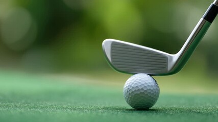 Close-up of a golf club poised to strike a ball on the green, ideal for sports enthusiasts and golf marketing - Powered by Adobe