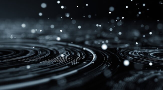 Abstract dark background with glowing concentric circles and bokeh lights.