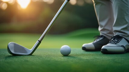 Close-up of a golfer preparing to strike a golf ball at sunset on a beautiful green course - Powered by Adobe