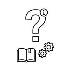 Question mark with information icon, book, and gears isolated on concept of learning