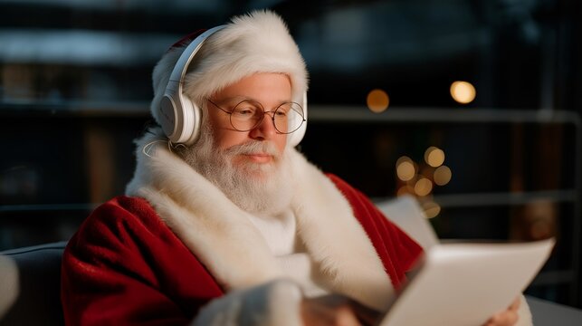 Side view of Santa in headphones reviewing video ads and campaign metrics — showcasing focused marketing leadership, festive entrepreneurship, and tech-driven Christmas business operations.