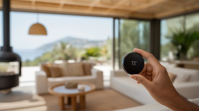 Close-up of a hand adjusting a sleek smart thermostat in an eco-friendly living room with natural materials — modern energy efficiency and responsible home technology. cinematic color correction,