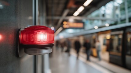 A subway station alarm siren pulsing red as commuters pause near the platform edge, emergency instructions appearing on digital signs — urban transportation safety, public warning technology, and