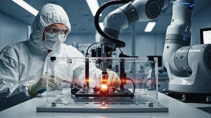 Scientist working on microchip with precision instruments beside automated robotic arm. - Powered by Adobe