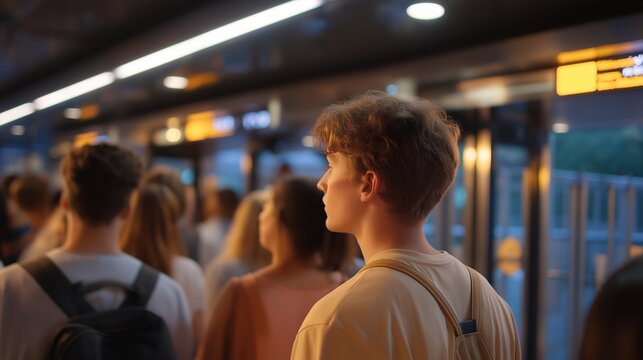 A crowded subway station at peak rush hour with commuters streaming past glowing digital signs, modern turnstiles, and platform screens — showcasing the fast-paced rhythm of urban public - Powered by Adobe