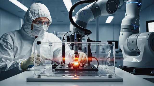 Scientist working on microchip with precision instruments beside automated robotic arm.