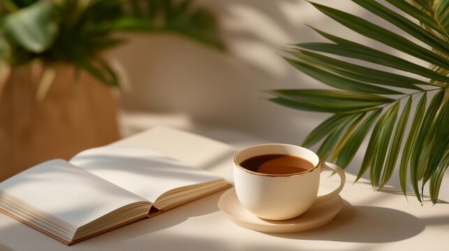 Minimalist flat lay of an open diary beside a cup of coffee and green plant — clean, modern aesthetic representing morning journaling rituals, daily gratitude writing, and mindful productivity for