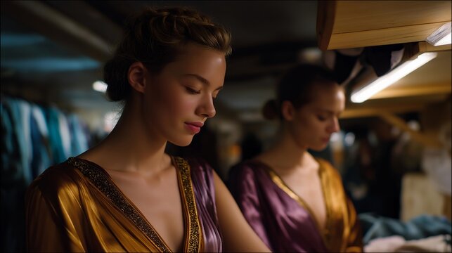 A behind-the-scenes moment at a theater where costume designers sew last-minute adjustments and actors rehearse lines in dim backstage corridors — performing arts preparation, creative detail work,