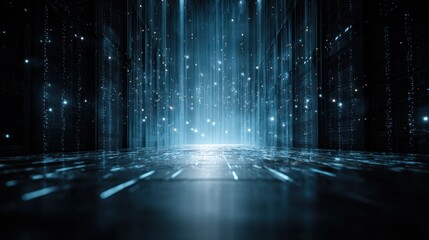 Dark server room with bright blue light beams and floating particles.