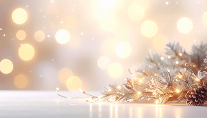 Fototapeta premium Festive arrangement of pine branches and glowing lights creates warm holiday atmosphere