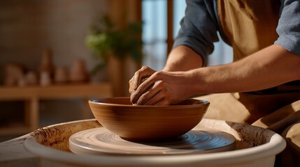 In a pottery studio filled with soft natural light, a potter gently reshapes an imperfect clay bowl spinning on the wheel — a tactile, meditative image representing patience, personal growth, and