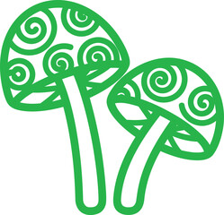 Two Whimsical Green Mushrooms with Spiral Cap Designs Isolated on White Background for Fun and Creative Illustrations and Vector Graphics Projects