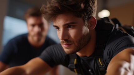 Close-up of athlete performing mobility exercises with robotic support while engineer monitors performance metrics — representing assistive technology in sports, physical empowerment, and