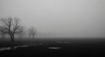 Fototapeta premium Bare trees in a foggy field creating a moody and atmospheric landscape suitable for backgrounds or conceptual imagery