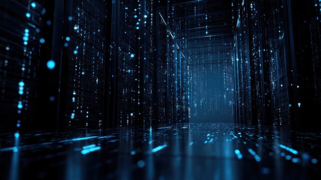 Dark digital corridor with glowing blue data streams and lights.