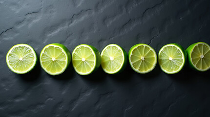 Fresh lime slices on dark slate background overhead