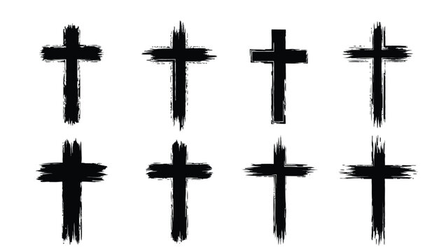 Collection of eight black grunge style crosses on white background