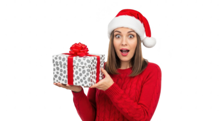 Surprised woman in santa hat holding gift box, isolated on transparent background