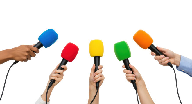 Colorful microphones in diverse hands raised for media interviews and communication concept