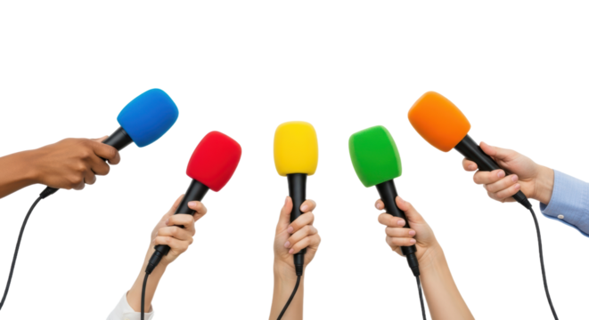 Colorful microphones in diverse hands raised for media interviews and communication concept