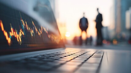 Laptop screen displays financial chart with blurred business people outside.