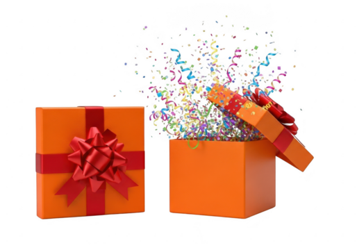 Orange gift boxes with confetti, isolated on transparent background