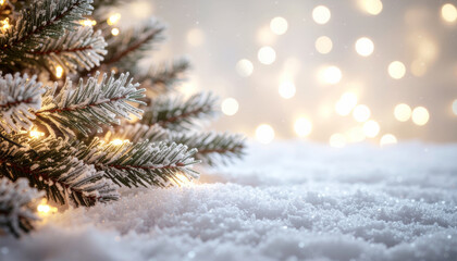 Snow covered Christmas tree branch with glowing lights creates festive and serene winter atmosphere