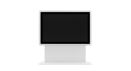 Blank white digital touchscreen kiosk display on isolated black background