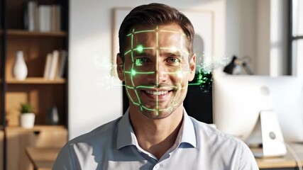 Man smiling with facial recognition grid overlay in office setting. - Powered by Adobe