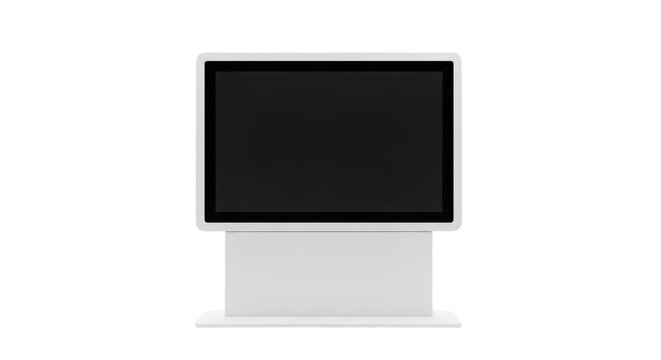 Blank white digital touchscreen kiosk display on isolated black background