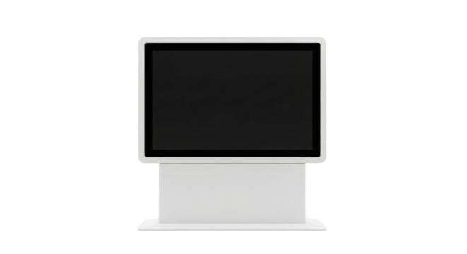 Blank white digital touchscreen kiosk display on isolated black background