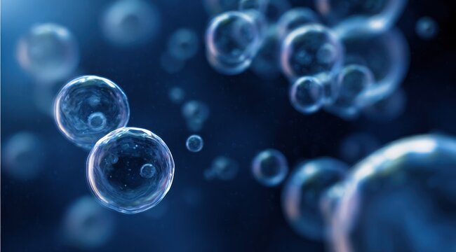 Abstract blue background with glowing microscopic cell like spheres
