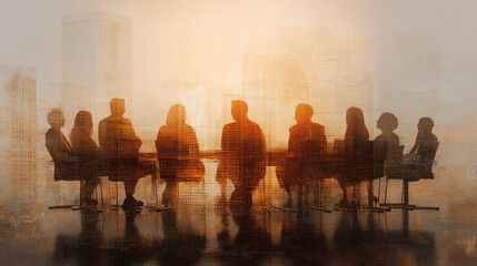 Silhouettes of business people meeting against a bright cityscape background.