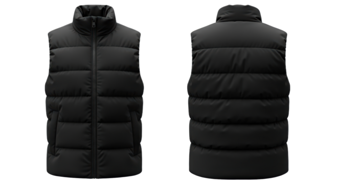 Black puffer vest front and back view on white background for fashion design and winter apparel